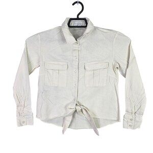 Womens Sofia Vergara Beige Linen Blend Shirt Tie Front Long Sleeve Button Up XS
